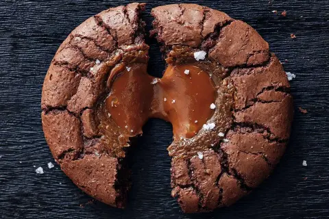 En brownie cookie med flytande karamell som rinner ut, strödd med havssalt.