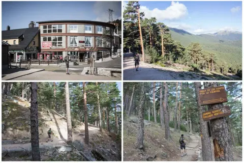Senderismo en la ruta Siete Picos. Paisajes de montaña y bosques de pinos.