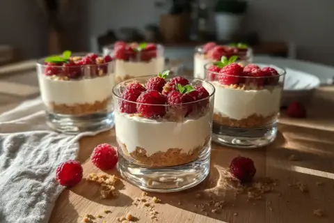 Zeinas cheesecake i glas med hallon och mynta, en perfekt sommardessert.