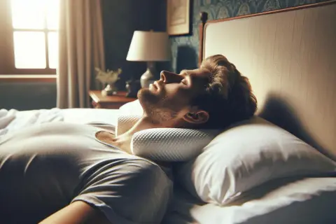 Man sleeping with a contoured pillow. Is sleeping with two pillows bad for your neck? This pillow aims to support it.