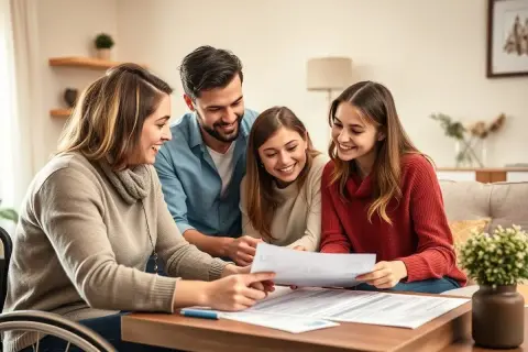 Famiglia discute documenti, forse un mutuo per una casa disabili. Sorrisi e speranza per un futuro con un buon tasso interesse.