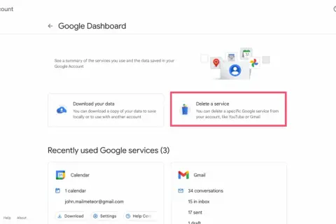 Tableau de bord Google : option pour supprimer un service, comme Gmail.