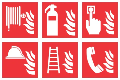 Znaki ognia: wąż strażacki, gaśnica, przycisk alarmowy, hełm, drabina, telefon.