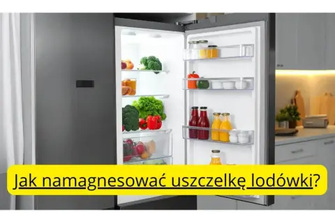 Otwarta lodówka pełna świeżych warzyw i napojów. Pod spodem żółty pasek z tekstem: "Jak namagnesować uszczelkę lodówki?".