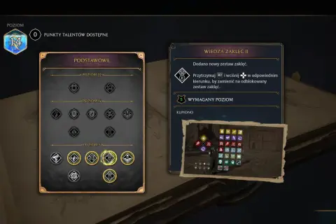 Gracz na poziomie 14 w Hogwarts Legacy przegląda drzewko talentów. Po prawej stronie widnieje informacja o nowym zestawie zaklęć.