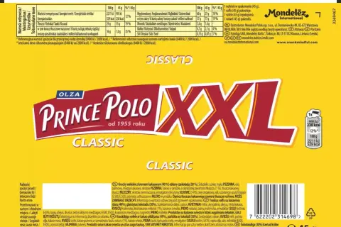 Prince Polo XXL, klasyczny wafelek z kremem kakaowym i czekoladą. 100g to 2211 kJ, 45g to 995 kJ.