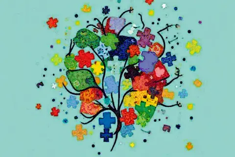 Kolorowe puzzle tworzą drzewo, symbolizując złożoność i różnorodność w kontekście autyzmu. Statystyki pokazują, jak wiele osób jest dotkniętych.