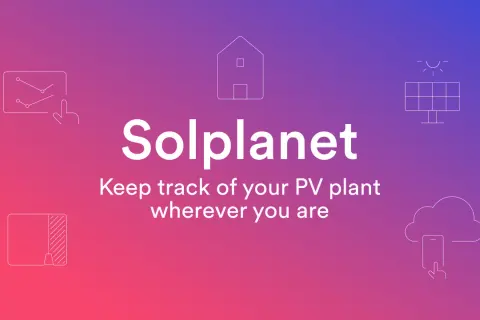 Solplanet: śledź swoją instalację PV z dowolnego miejsca. Ikony domu, panelu słonecznego, wykresów i chmury z telefonem.