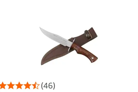 Cuchillo con mango de madera de muela marrón y funda de cuero.