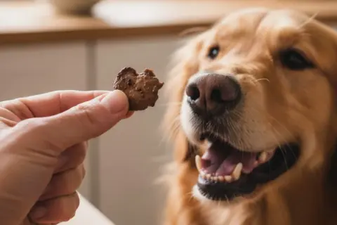 Un golden retriever ansioso espera una golosina. ¡Qué bueno que el hígado es bueno para los perros!