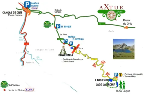 Mapa de la ruta a los Lagos de Covadonga, mostrando Cangas de Onís, la basílica y los lagos Enol y Ercina.