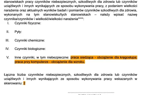 Formularz skierowania na badania lekarskie, wymieniający czynniki szkodliwe w pracy, np. praca przy komputerze.