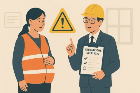 Un datore di lavoro con casco e occhiali discute con una donna incinta in giubbotto ad alta visibilità. Il datore di lavoro è tenuto a valutare i rischi per garantire la sicurezza.