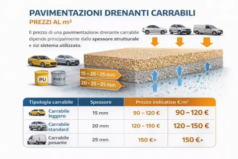 Pavimentazioni drenanti carrabili: strati di ghiaia e cemento per diverse portate. Prezzi al m² variabili per spessore e sistema.