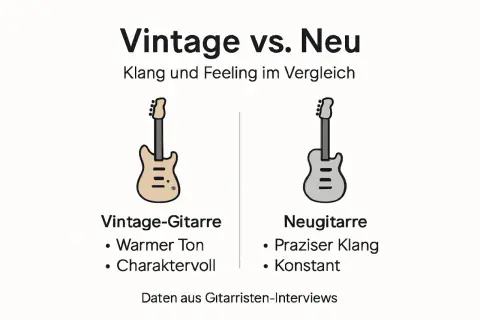 Zwei stilisierte E-Gitarren im Vergleich: eine beige "Vintage-Gitarre" und eine graue "Neugitarre".
