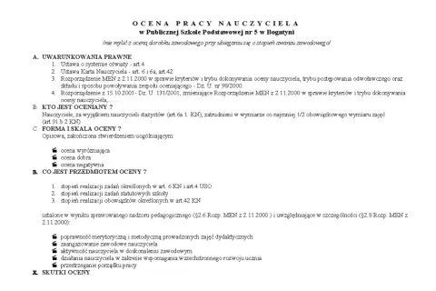 Ocena pracy nauczyciela dyplomowanego w szkole, kryteria, kto podlega ocenie, skala ocen (wyróżniająca, dobra, negatywna) i przedmioty oceny.