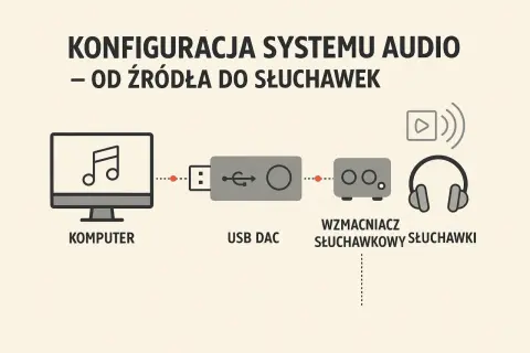 Schemat konfiguracji audio: komputer, USB DAC, wzmacniacz słuchawkowy i słuchawki. THD to parametr jakości dźwięku.
