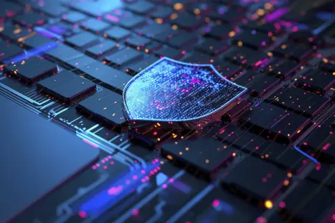 Cyfrowa tarcza chroni obwody komputera, symbolizując darmowy antywirus na laptopa.