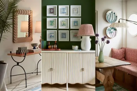 Stylish vignettes offer **empty corner ideas**: a console with a mirror, a cabinet with framed stamps, and a dining nook with decorative plates.