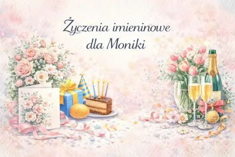 Wesołe życzenia imieninowe dla Moniki! Bukiet róż, tort ze świeczkami, szampan i prezenty.