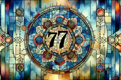 Buntglasfenster mit Mandala und der Zahl 77. Die 77 bedeutung bibel symbolisiert göttliche Vollkommenheit und Erneuerung.
