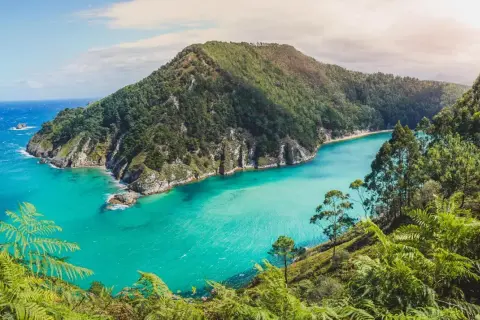 Bahía de aguas turquesas y vegetación exuberante, un rincón secreto con cosas escondidas que ver en Cantabria.