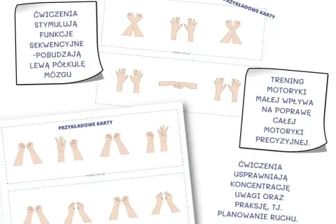 Karty z ćwiczeniami dłoni, które pomagają w regeneracji po treningu, usprawniając motorykę małą i koncentrację.