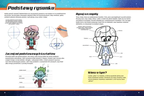 Instrukcja rysowania postaci z komiksów dla dzieci łatwych do narysowania po polsku. Pokazuje jak zacząć od kółek i linii, by stworzyć urocze postacie.