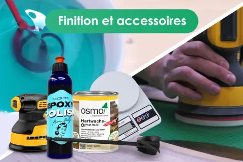 Outils et produits pour la finition : ponceuse, résine époxy, huile pour bois. La résine époxy, un matériau polyvalent, trouve son utilisation dans de nombreux projets de bricolage et de décoration.