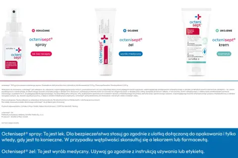 Octenisept wycofany ze sprzedaży. Na zdjęciu spray, żel i krem do pielęgnacji skóry.