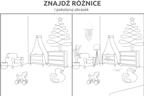 Znajdź różnice do druku: pokój dziecięcy z zabawkami, choinką i meblami.