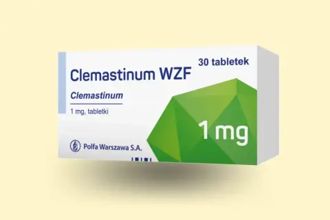 Opakowanie leku Clemastinum WZF 1 mg, zawierające 30 tabletek. Producent Polfa Warszawa S.A.