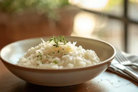Un crémeux risotto cookeo, garni de parmesan et de thym frais, servi dans un bol sur une table en bois.