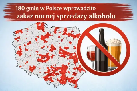 Mapa Polski z zaznaczonymi na czerwono gminami, gdzie wprowadzono prohibicję nocnej sprzedaży alkoholu. Obok symbol zakazu.