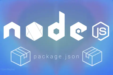 Logo Node.js avec des icônes de paquets et "package.json", symbolisant les **node modules**.