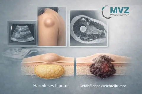 Vergleich: harmloses Lipom (Fettgewebe) und gefährlicher Weichteiltumor im Querschnitt. Ultraschallbild und MRT-Aufnahme zeigen die Unterschiede.