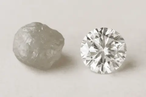 Surowy, nieoszlifowany przezroczysty kamień obok lśniącego, fasetowanego diamentu.