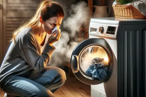 Kobieta w dymie z pralki Electrolux, która potrzebuje czyszczenia bębna.