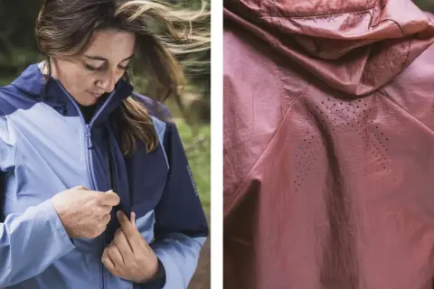 Kvinna med vind i håret drar upp dragkedjan på en ljusblå och mörkblå jacka. Detaljbild visar en rosa jacka med perforeringar. Perfekt för att laga Gore-Tex.