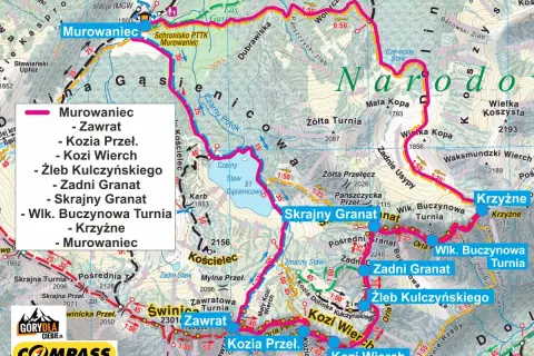 Mapa Tatr z zaznaczonymi szlakami, w tym Orlą Percią. Widoczne szczyty: Murowaniec, Zawrat, Kozi Wierch, Zadni Granat, Krzyżne.