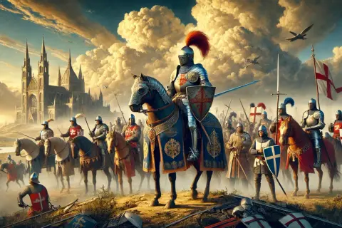En armé av riddare i glänsande rustningar, med en imponerande katedral i bakgrunden. Denna typ av riddare är redo för strid.