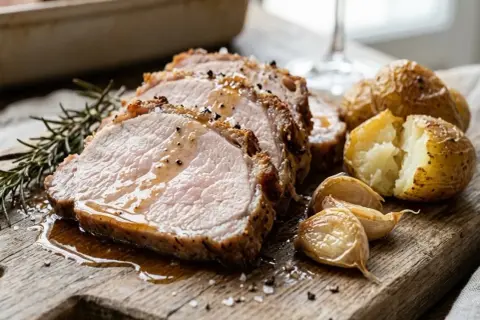 Arista al forno succulenta su tagliere di legno, con patate arrosto, aglio e rosmarino.