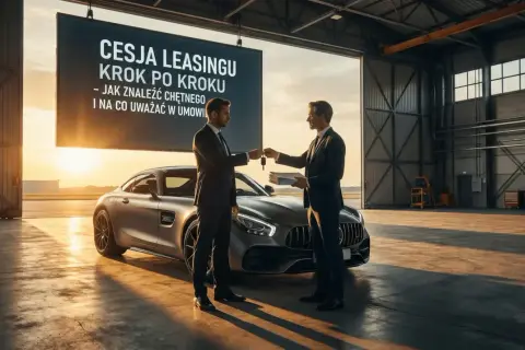 Dwóch mężczyzn w garniturach dokonuje cesji leasingu luksusowego samochodu. Na ekranie widnieje napis "Cesja leasingu krok po kroku".