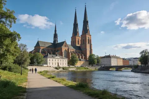 Promenad längs Fyrisån med Uppsala domkyrka i bakgrunden. Perfekt för gratis aktiviteter Uppsala.