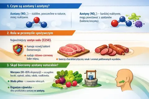 Azotany i azotyny w żywności: stabilne azotany (NO₃⁻) i reaktywne azotyny (NO₂⁻). Azotyn sodu (E250) konserwuje mięso, nadaje kolor i smak. Źródła naturalne: warzywa, woda.