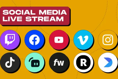 Social media live stream logos, including Twitch and its alternatives like Facebook, YouTube, TikTok, and others.