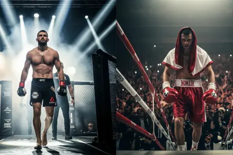 Two boxers enter the ring. The frequency of how often boxers spar varies greatly depending on their training phase.