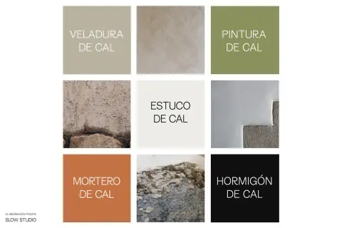Muestras de acabados: veladura, estuco, pintura, mortero de cal y hormigón. Texturas y colores naturales.