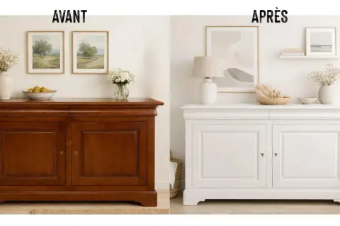 Avant/après : un meuble Louis Philippe brun transformé en blanc lumineux. Quelle couleur avec meuble Louis Philippe ? Le blanc apporte légèreté et modernité.