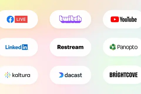 Logos of platforms like Facebook Live, Twitch, YouTube, LinkedIn, Restream, Panopto, Kaltura, Dacast, and Brightcove, helping you decide which platform is best for live streaming.